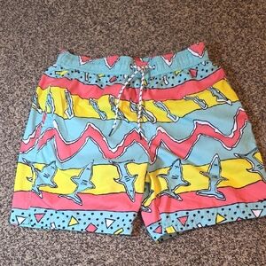 Colorful Shark Print Swim Shorts Size Medium